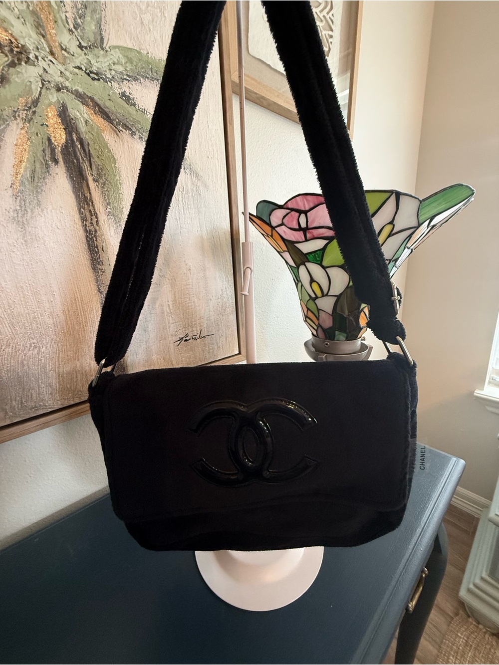 CHANEL Black plush Shoulder Bag with Patent CC Emblem